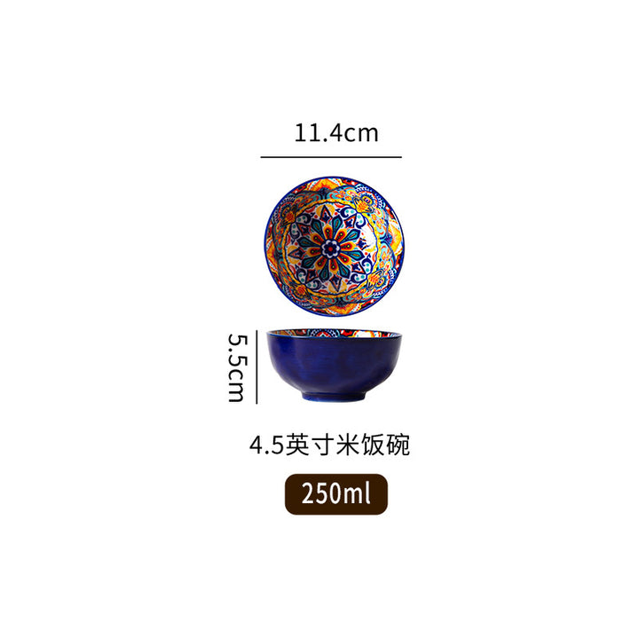 波西米亚陶瓷碗碟套装釉下彩饭碗家用复古双耳汤面碗高级感菜盘子