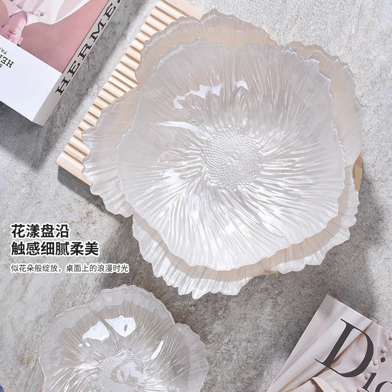北欧现代花朵果盘沙拉盘珠光玻璃水果盘套装高颜值简约糖果零食盘