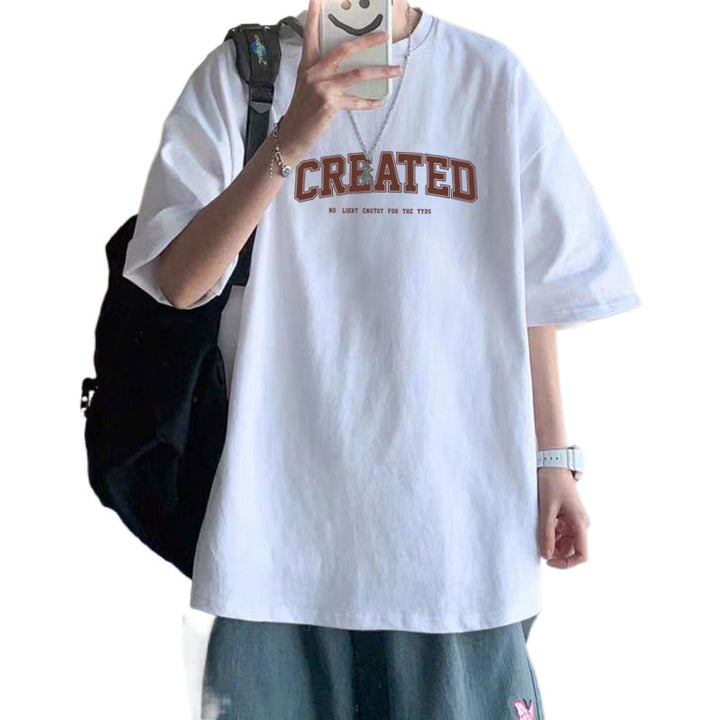 纯棉短袖高级感T恤男港风潮牌大码圆领体恤青少年五分袖厂家直销