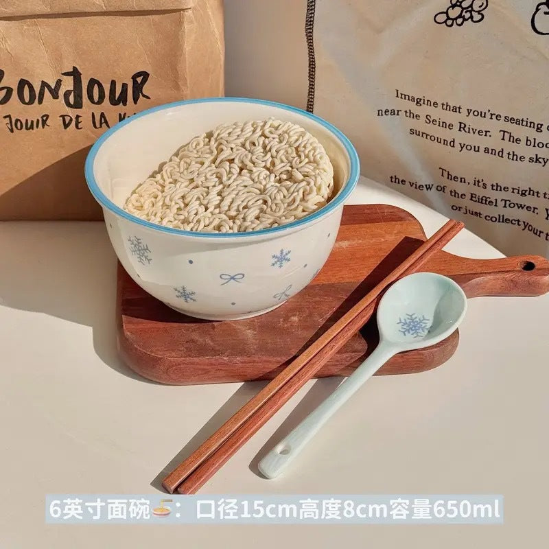 【初雪】新款高温釉下彩陶瓷餐具套装ins风奶蓝色简约家用碗盘