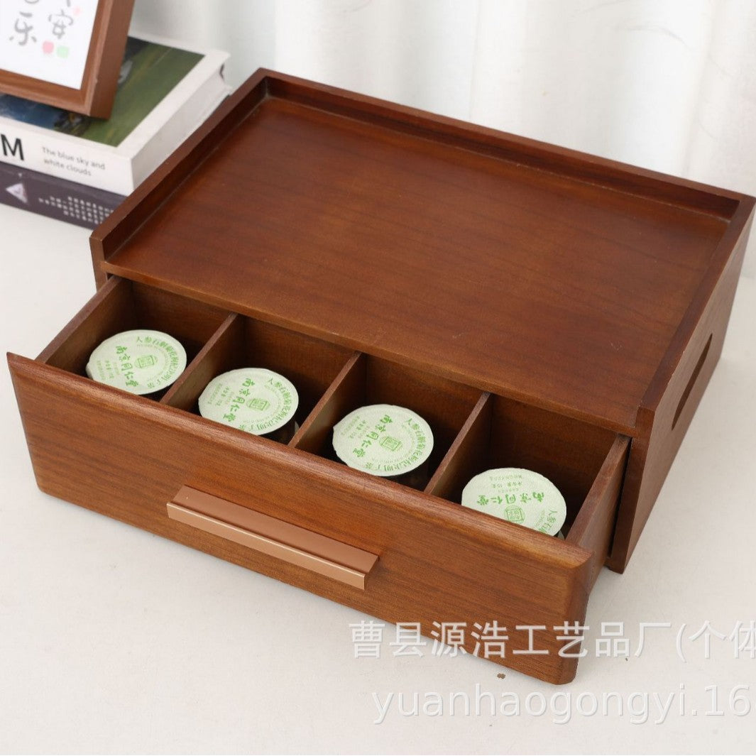 木质茶包收纳盒抽屉式茶具储存桌面收纳底座木制梧桐木分格茶包盒