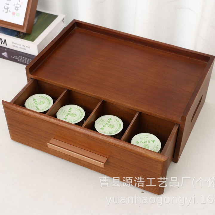 木质茶包收纳盒抽屉式茶具储存桌面收纳底座木制梧桐木分格茶包盒