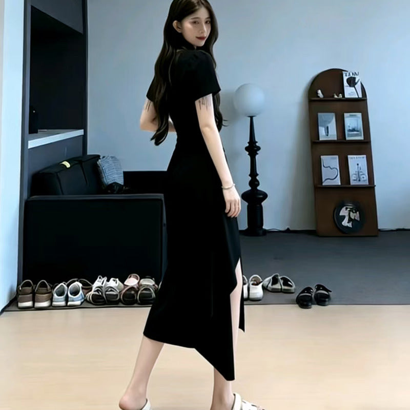 Slim Fit Solid Color Midi Dress – Irregular Slit Short Sleeve Commuter Dress