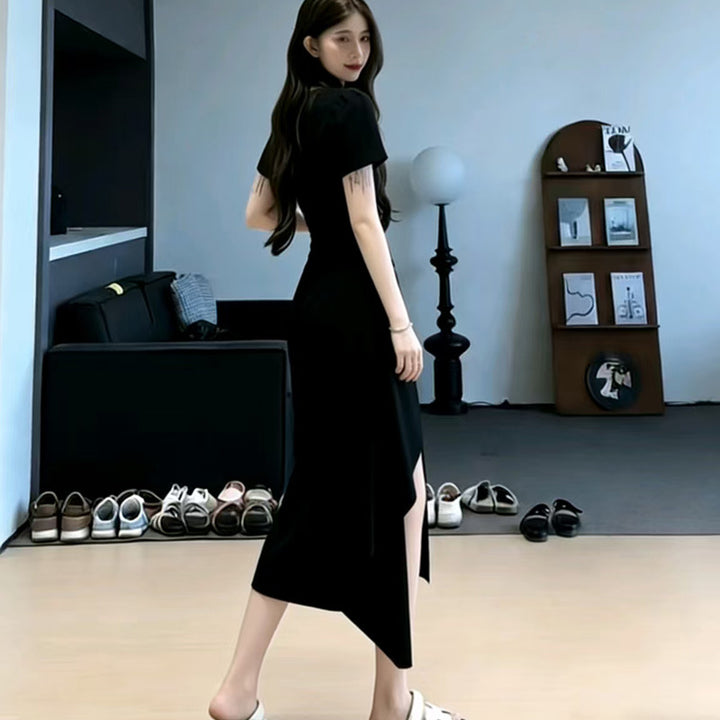 Slim Fit Solid Color Midi Dress – Irregular Slit Short Sleeve Commuter Dress