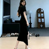 Slim Fit Solid Color Midi Dress – Irregular Slit Short Sleeve Commuter Dress