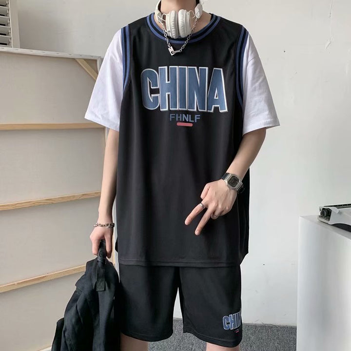 情侣运动套装日系男韩版港风t恤夏季短袖短裤一套搭配帅气篮球衣