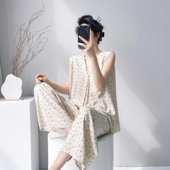 2026新款棉绸睡衣女春夏季带胸垫纯色大码无袖背心长裤家居服套装