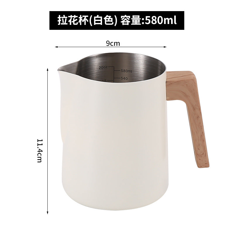 跨境新款304不锈钢木纹柄拉花杯带刻度量杯打奶拉花缸咖啡奶泡杯