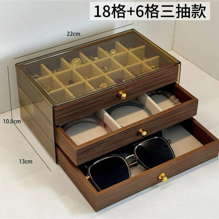 胡桃木纹饰品盒戒指项链手镯耳环收纳盒茶色复古抽屉三层首饰盒