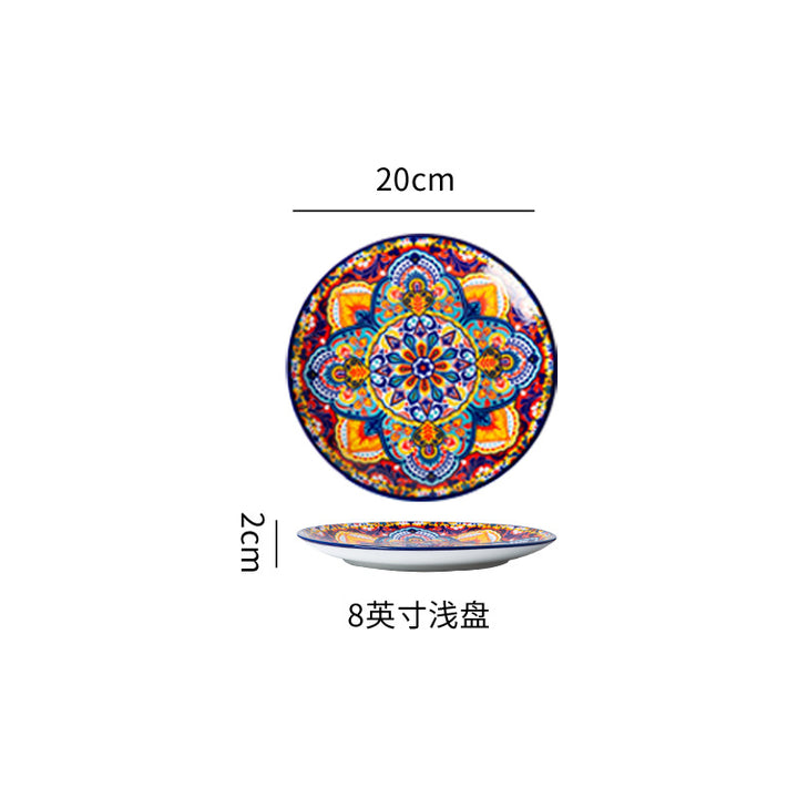波西米亚陶瓷碗碟套装釉下彩饭碗家用复古双耳汤面碗高级感菜盘子