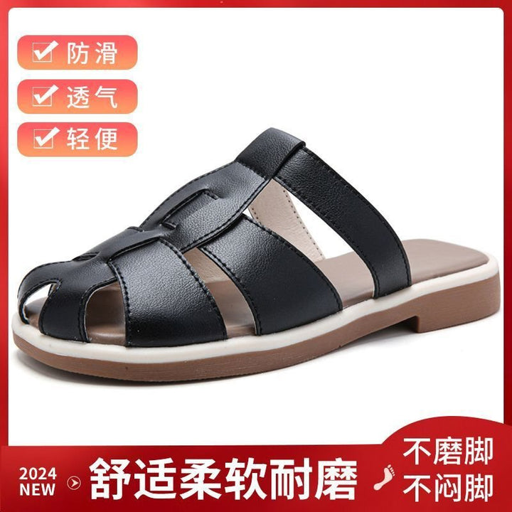 2025年新款夏季包头半拖女真皮休闲软底凉鞋外穿懒人防滑平底拖鞋