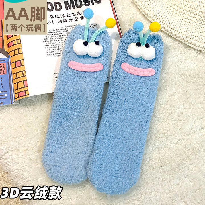 袜子女丑萌搞怪秋冬地板睡眠袜家居毛毛茸茸可爱保暖情侣袜中筒袜