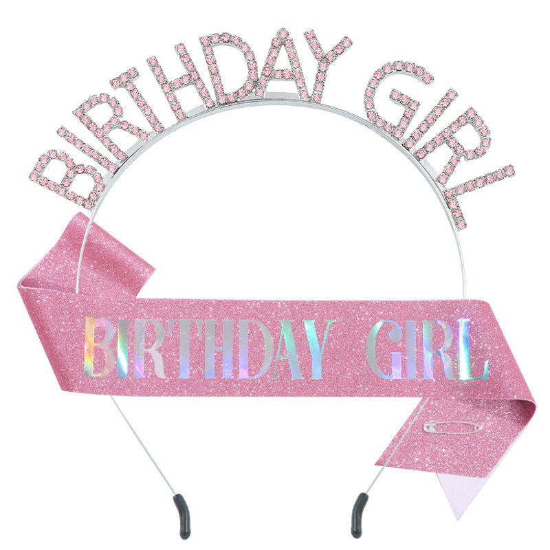 时尚水钻发箍肩带BIRTHDAY GIRL套装 女孩生日装饰腰带派对礼物