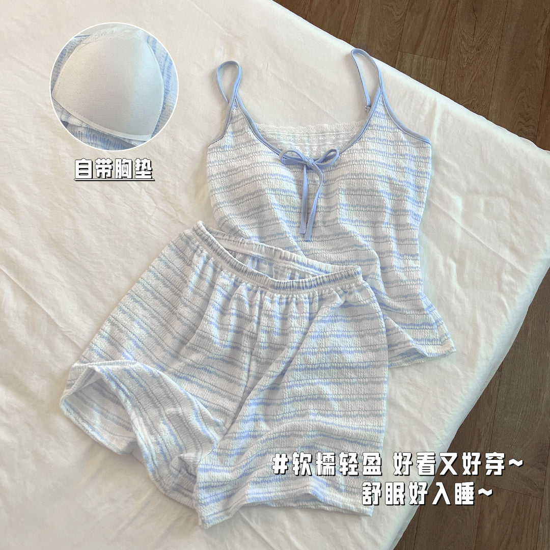 带胸垫睡衣女2026年新款夏季薄款甜美性感夏天吊带短裤家居服套装