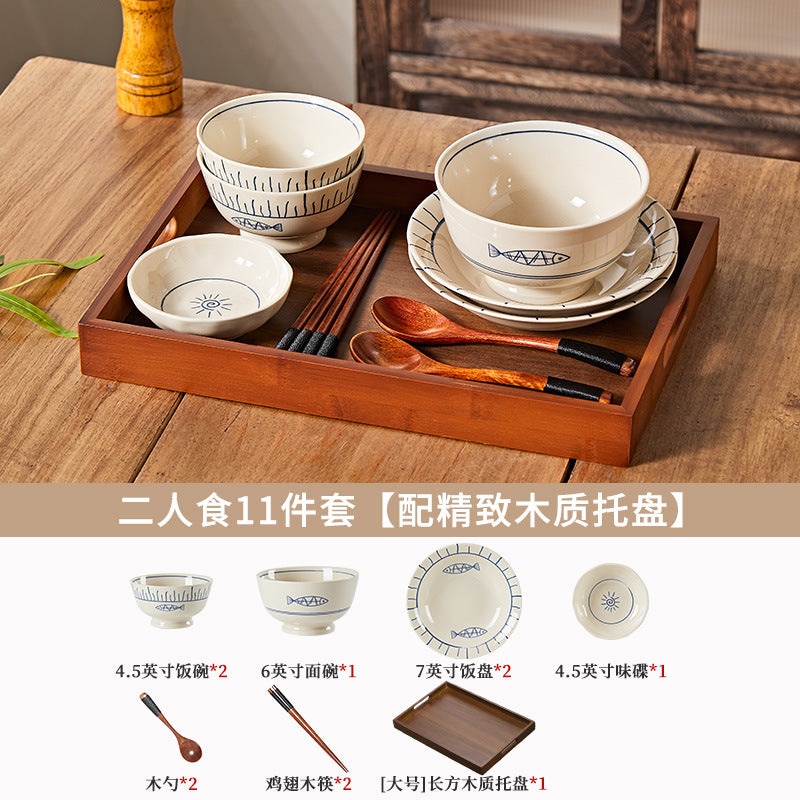 日式釉下彩陶瓷碗盘套装家用餐具一人食高颜值餐具套装乔迁送礼