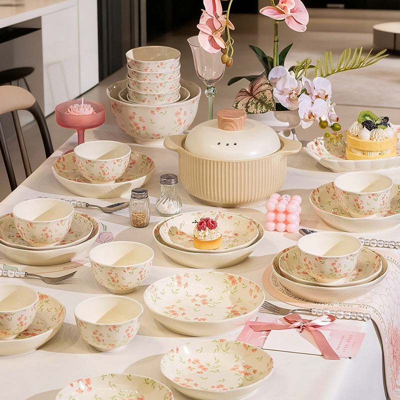 KANGMO Cream Style Ceramic Dinner Set - Floral Pattern Housewarming Wedding Gift