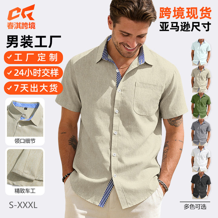 跨境亚马逊夏季新款男士翻领纽扣棉麻口袋短袖衬衫美式休闲T恤衫