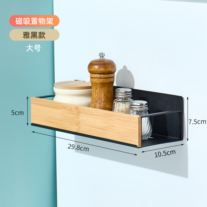 跨境厨房壁挂式竹木置物架磁吸式冰箱架侧挂收纳架免打孔调料架盒