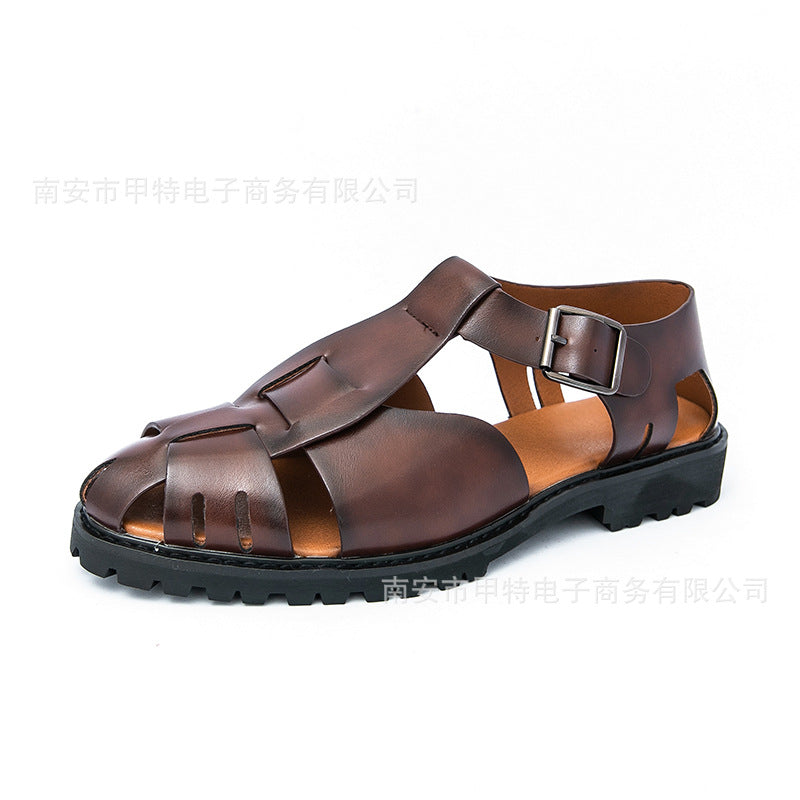 跨境夏季新款金色亮面凉鞋欧美大码包头镂空皮鞋罗马鞋休闲男鞋