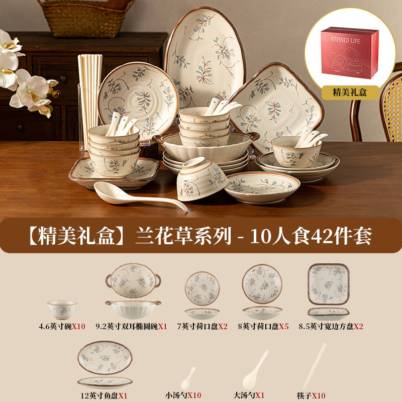 新中式陶瓷套装批发碗盘复古高颜值釉下彩米饭碗菜盘餐具礼盒装
