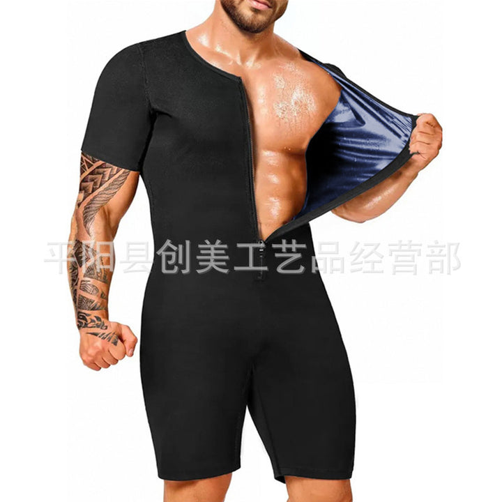 男士三合一全身桑拿连体衣腰部训练器紧身运动套装带拉链暴汗短袖