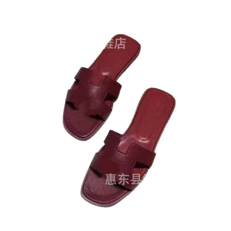 跨境外贸经典H拖鞋羊皮平底女拖鞋沙滩一字拖鞋女士凉拖鞋