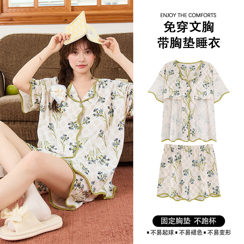 带胸垫清凉睡衣女款爆款2026年新款夏季大码开衫网红夏天家居服夏