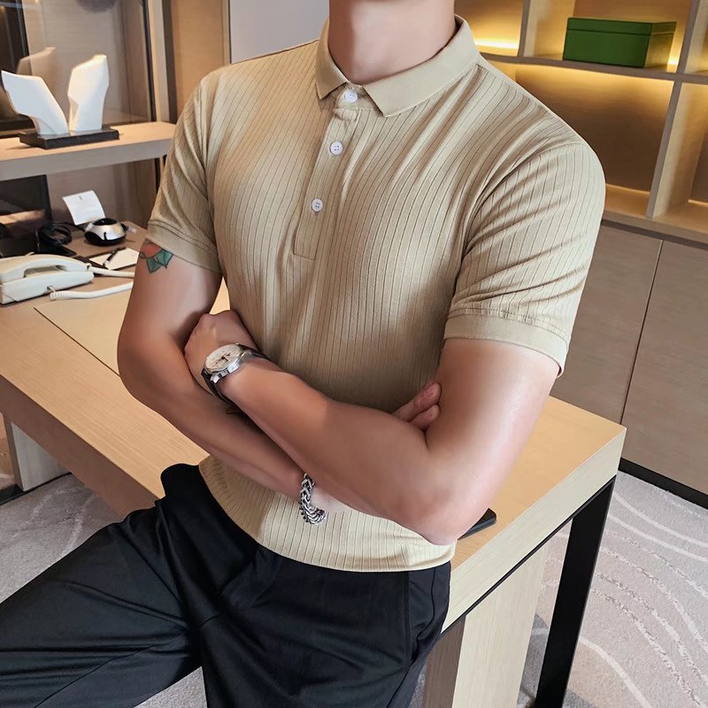 2022年夏季冰丝Polo衫男短袖针织衫韩版修身翻领休闲t恤半袖上衣
