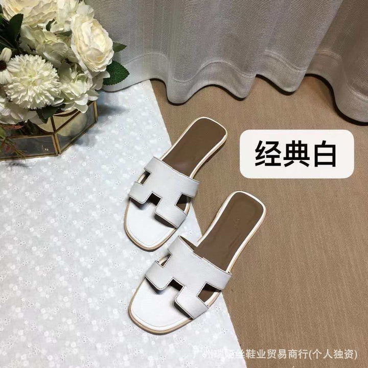 外贸批发经典H女鞋平底居家一字平跟沙滩休闲凉鞋外穿百搭泡沫