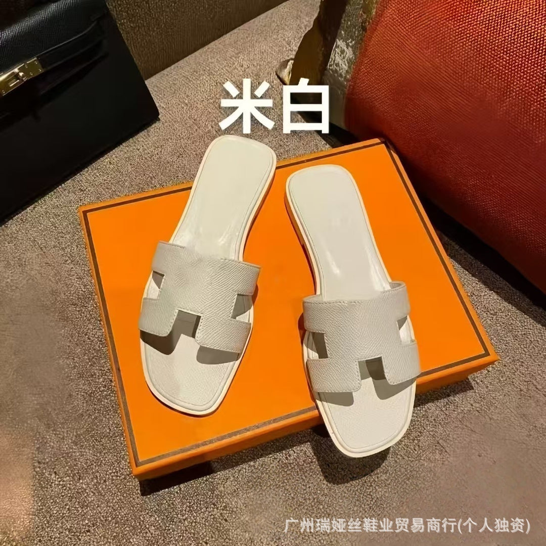 外贸批发经典H女鞋平底居家一字平跟沙滩休闲凉鞋外穿百搭泡沫