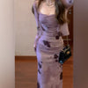 French Vintage Purple Ink Floral Slip Dress – Elegant Slim Fit Women's Dress