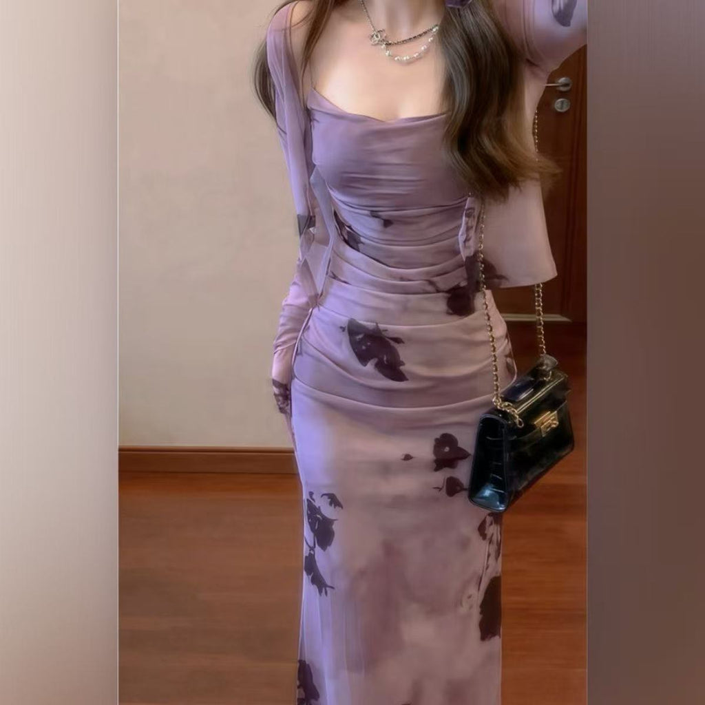 French Vintage Purple Ink Floral Slip Dress – Elegant Slim Fit Women's Dress