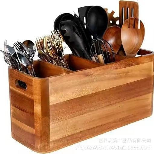 木制餐具整理盒厨房分格餐厅刀叉收纳盒实木桌面烹饪工具储物盒