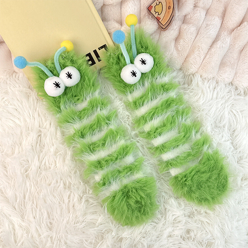 丑萌搞怪袜子女中筒袜秋冬地板睡眠袜珊瑚绒家居毛毛茸茸可爱保暖