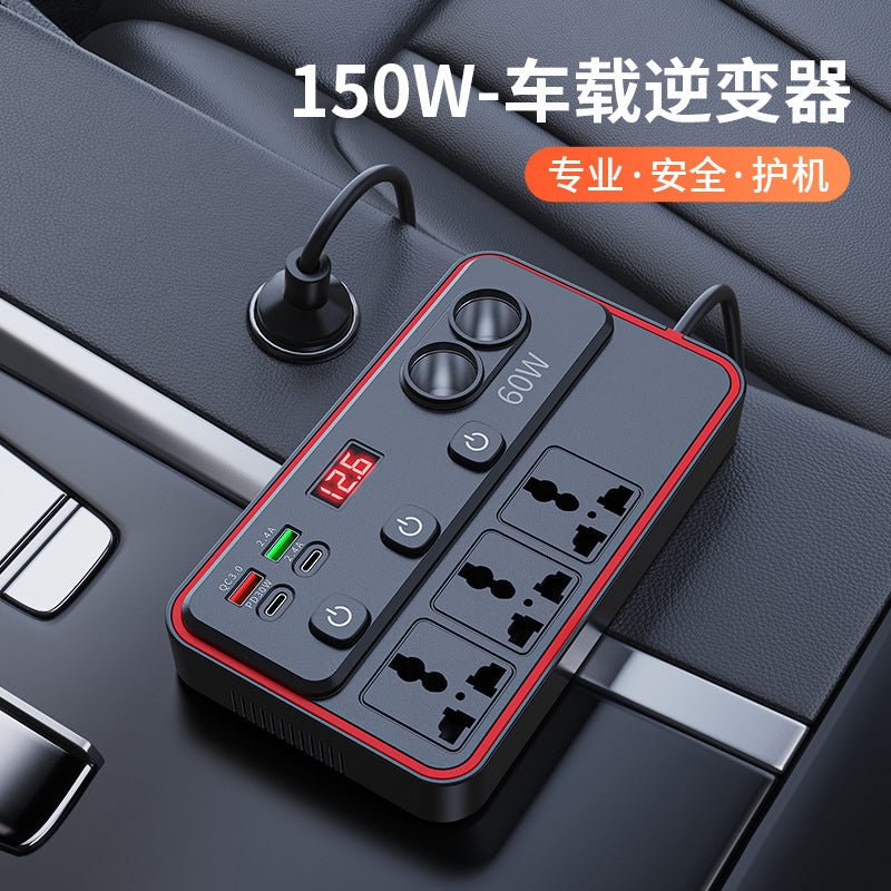 150W Car Power Inverter – Cigarette Lighter Adapter with Dual USB + Dual Type-C Fast Charging Socket