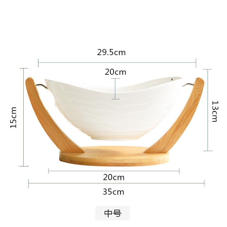 轻奢复古金边陶瓷水果篮水果盘家用客厅创意元宝果盘竹木套装批发