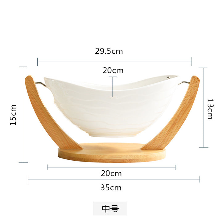 轻奢复古金边陶瓷水果篮水果盘家用客厅创意元宝果盘竹木套装批发