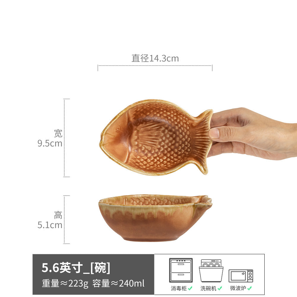 创意鱼形陶瓷碗复古餐具异形碗批发家用餐厅饭碗甜品碗宝宝辅食碗