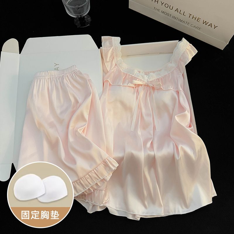公主风睡衣女夏季蕾丝花边冰雪丝吊带短裤带胸垫高级感家居服套装