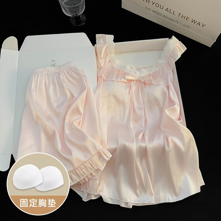 公主风睡衣女夏季蕾丝花边冰雪丝吊带短裤带胸垫高级感家居服套装