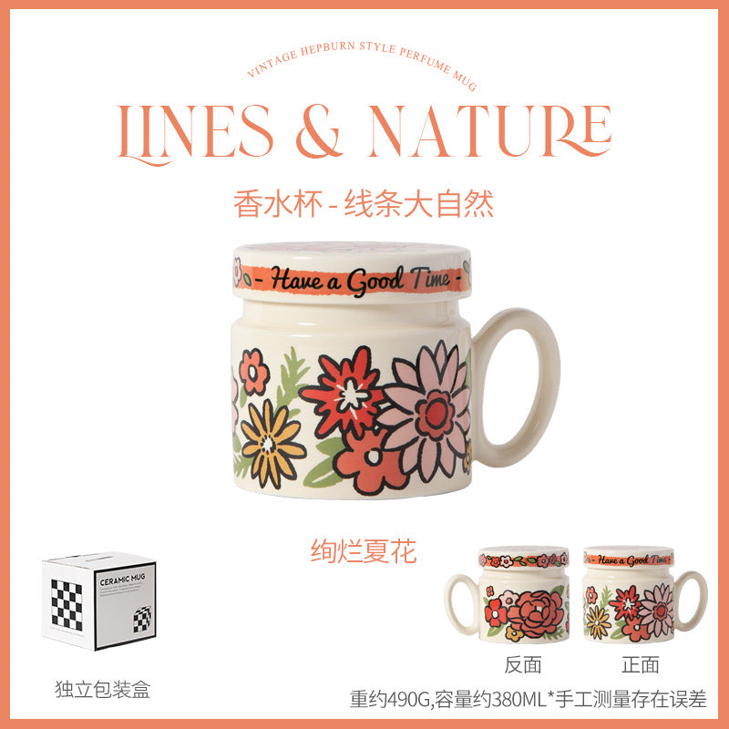 花鸟水果带盖水杯对杯套装可印制批发厂家直售牛奶杯防烫陶瓷杯