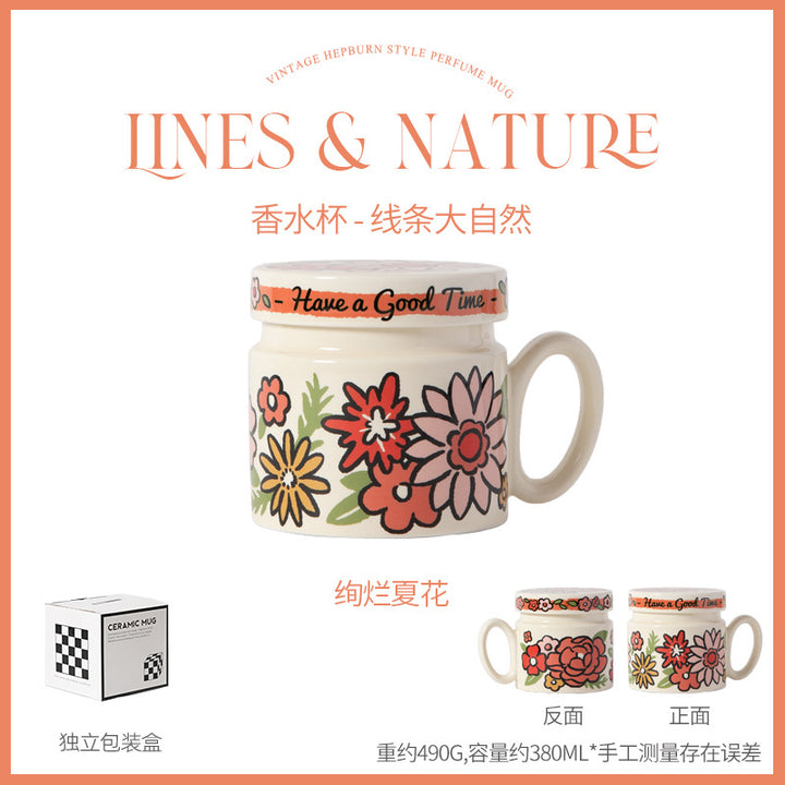 花鸟水果带盖水杯对杯套装可印制批发厂家直售牛奶杯防烫陶瓷杯