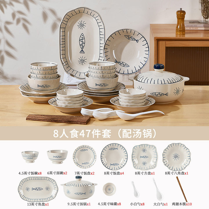 日式釉下彩陶瓷碗盘套装家用餐具一人食高颜值餐具套装乔迁送礼
