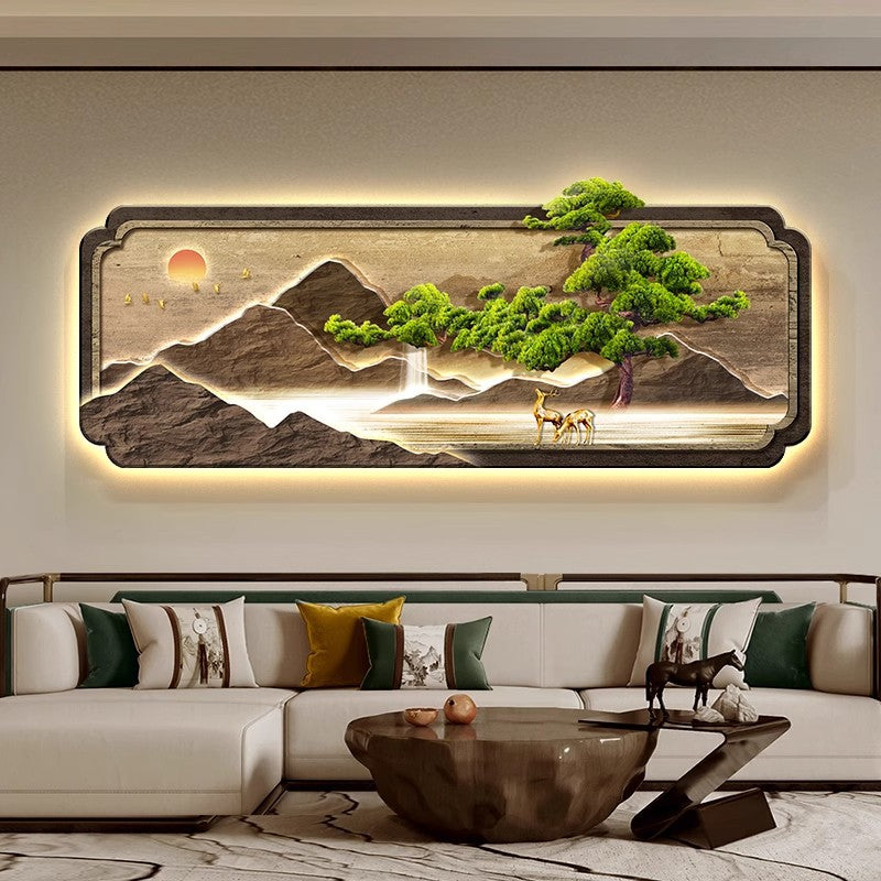 新中式客厅装饰画迎客松壁灯发光LED灯画沙发背景墙挂画轻奢壁画