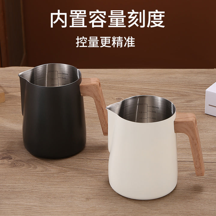 跨境新款304不锈钢木纹柄拉花杯带刻度量杯打奶拉花缸咖啡奶泡杯