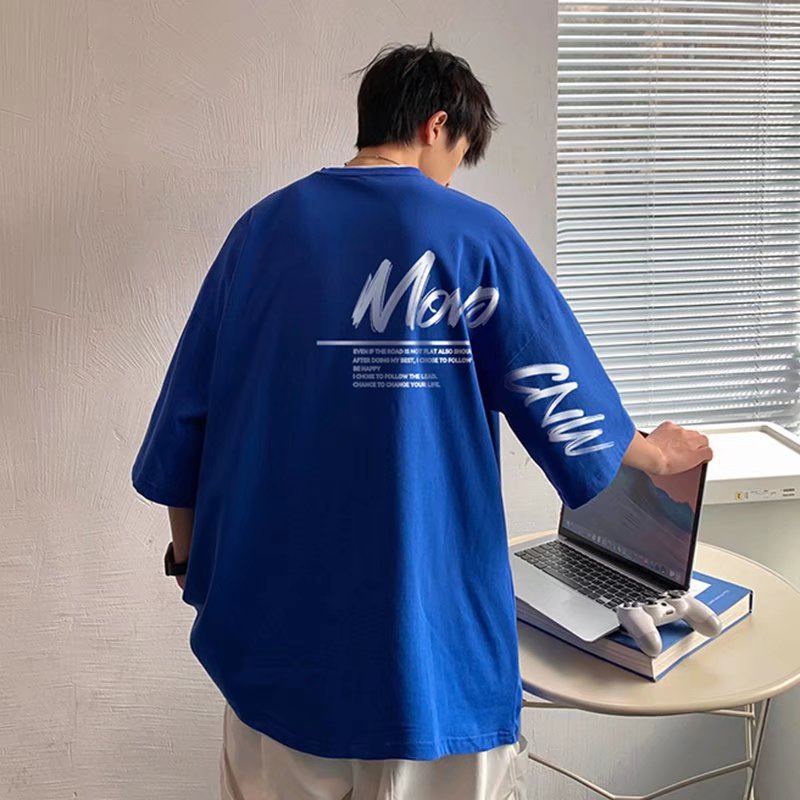 潮牌港风短袖t恤男夏季新款五分袖ins潮流宽松打底衫情侣百搭上衣