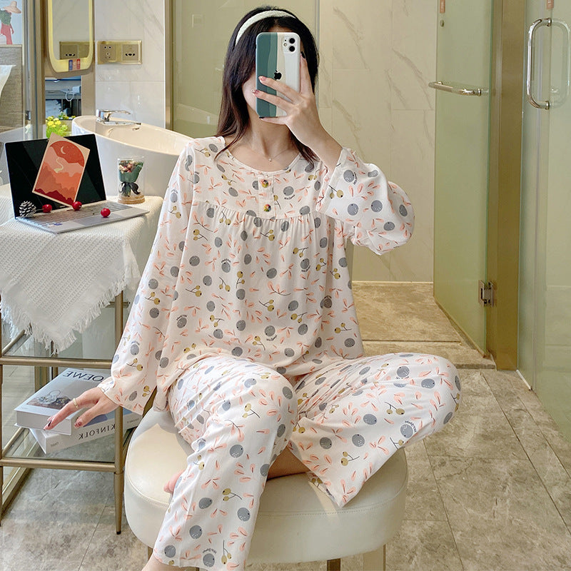 依妮衫人棉绸长袖睡衣女爆款女士家居服夏季长袖人棉套装一件代发