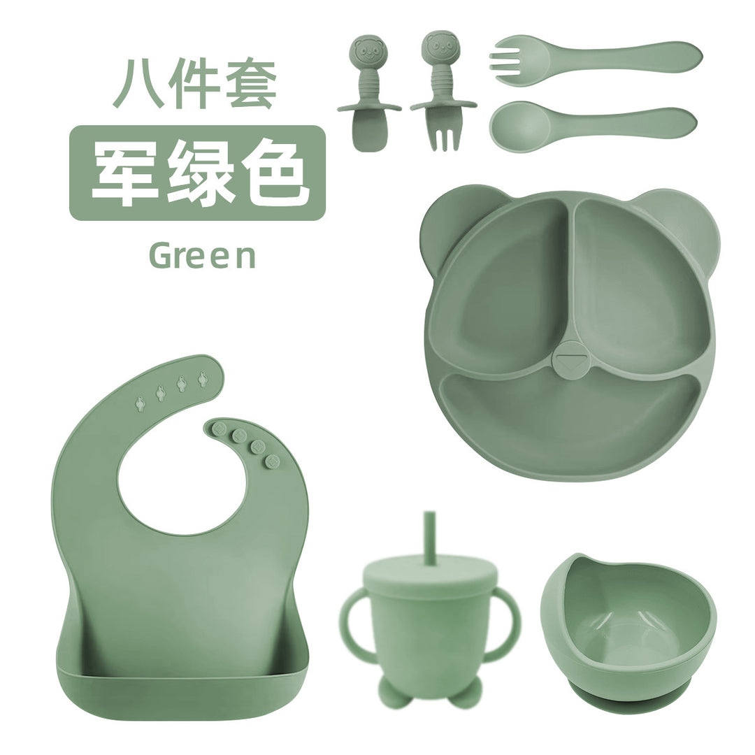 新品婴儿食品级硅胶餐具套装辅食八件套婴幼儿吸盘式围兜勺子餐具