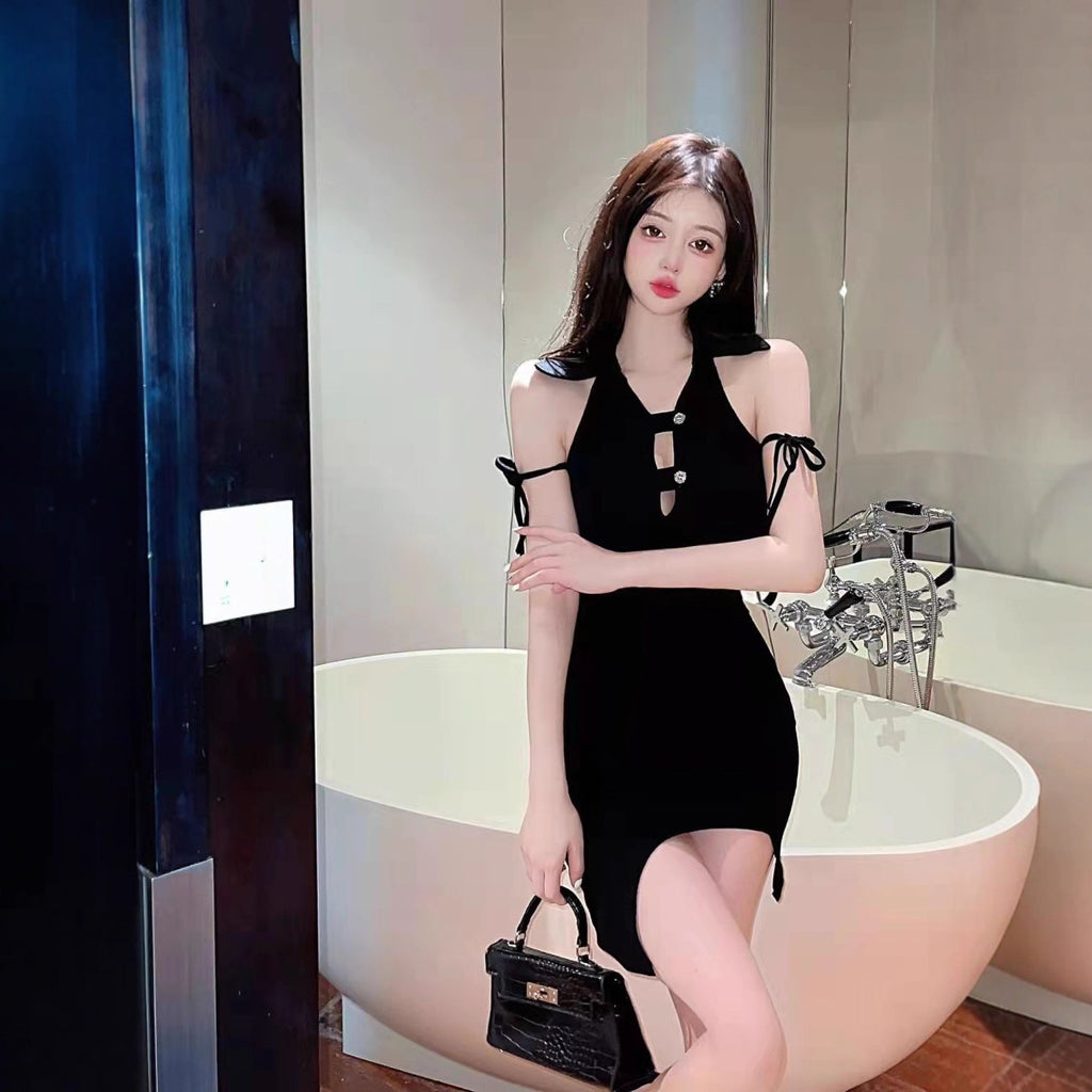 French Sexy Irregular Hem Bodycon Mini Dress – Black Hot Girl Short Dress