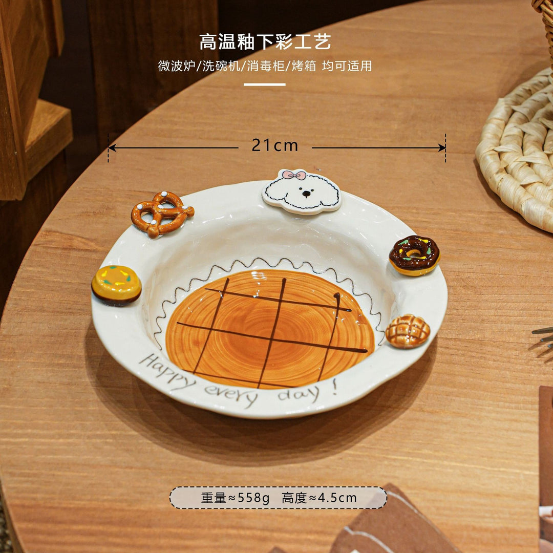 焦糖小狗餐具家用釉下彩陶瓷碗盘套装特别好看的盘子西餐盘分格盘